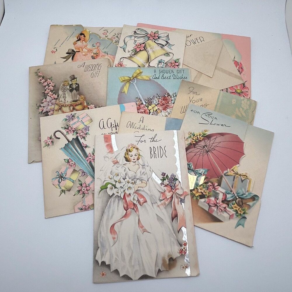Lot 10 Vintage 1940s Wedding Shower Cards Gibson Rust Craft Ephemera Used
